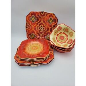 Cynthia Coulter Melamine Dinnerware Set 11pc Orange Yellow Plates Bowls Outdoor